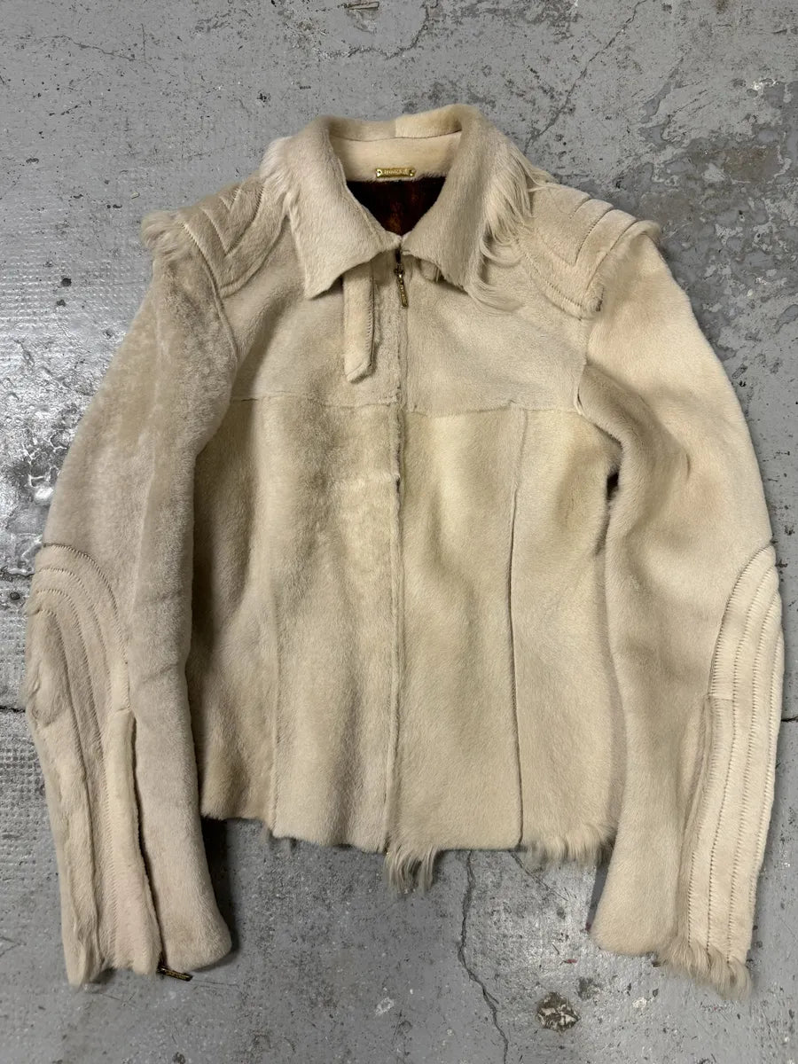 FW2001 Roberto Cavalli Biker Beige Pony Hair Leather Jacket (M) OcTQEcB 0