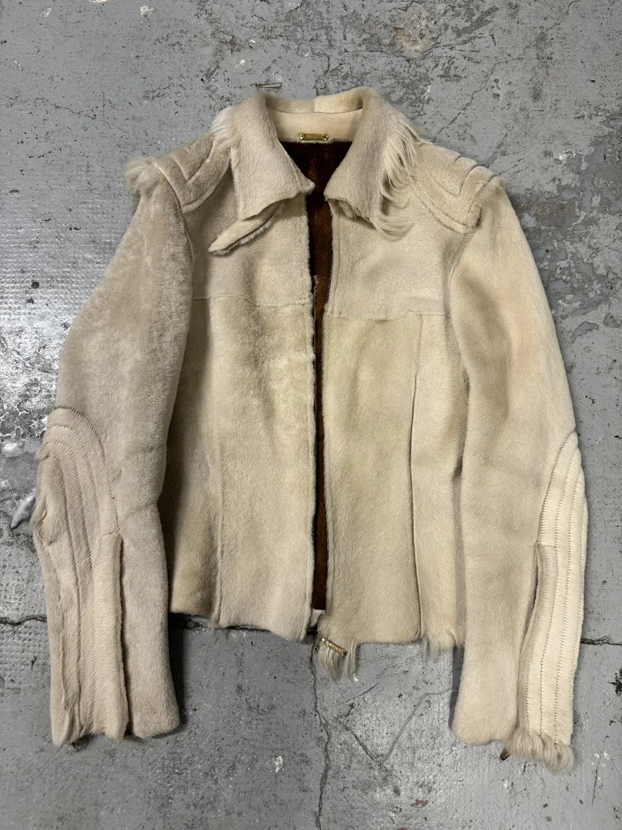 FW2001 Roberto Cavalli Biker Beige Pony Hair Leather Jacket (M) OcTQEcB 4