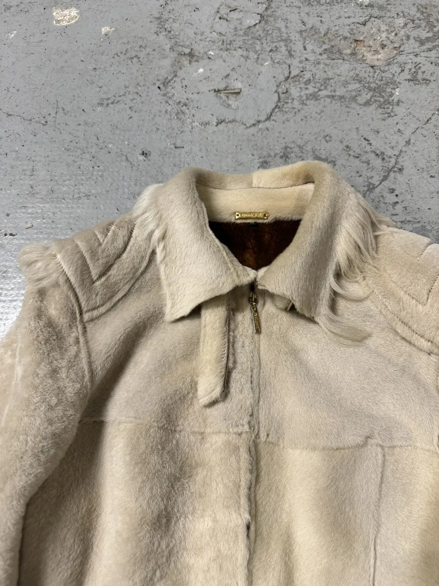 FW2001 Roberto Cavalli Biker Beige Pony Hair Leather Jacket (M) OcTQEcB 9