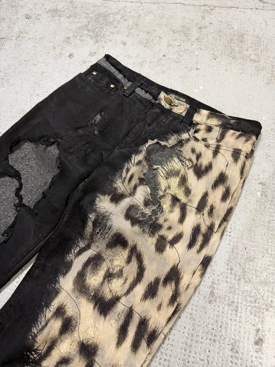 FW2001 Roberto Cavalli Black Destroyed Leopard Pants wVTSDjc 6