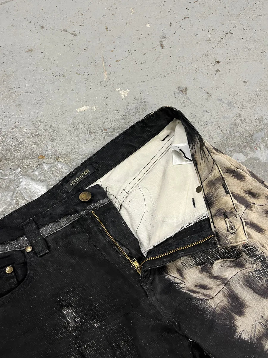 FW2001 Roberto Cavalli Black Destroyed Leopard Pants wVTSDjc 9