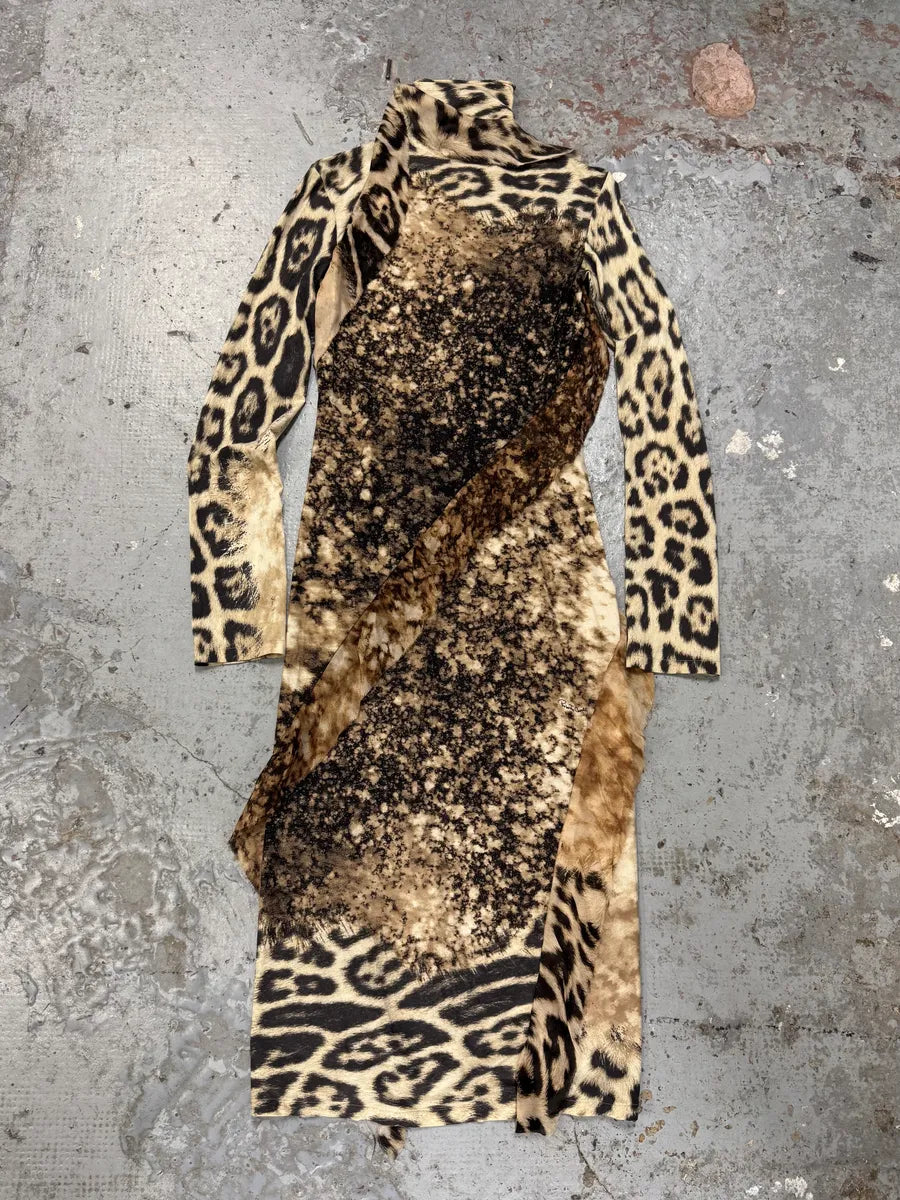 FW2001 Roberto Cavalli Cheetah Abstrat Tan Silk Dress exUJApN 0