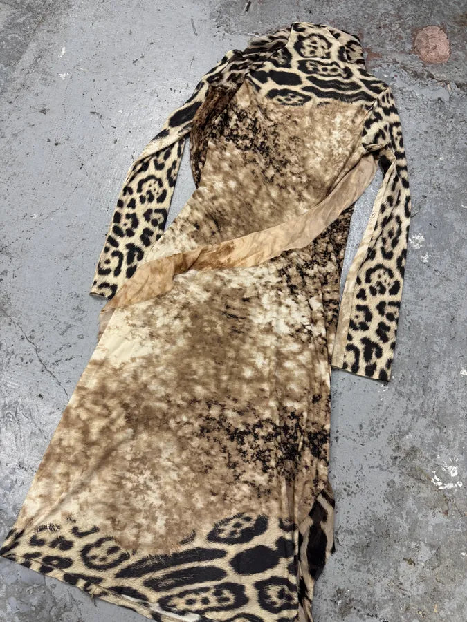 FW2001 Roberto Cavalli Cheetah Abstrat Tan Silk Dress exUJApN 12