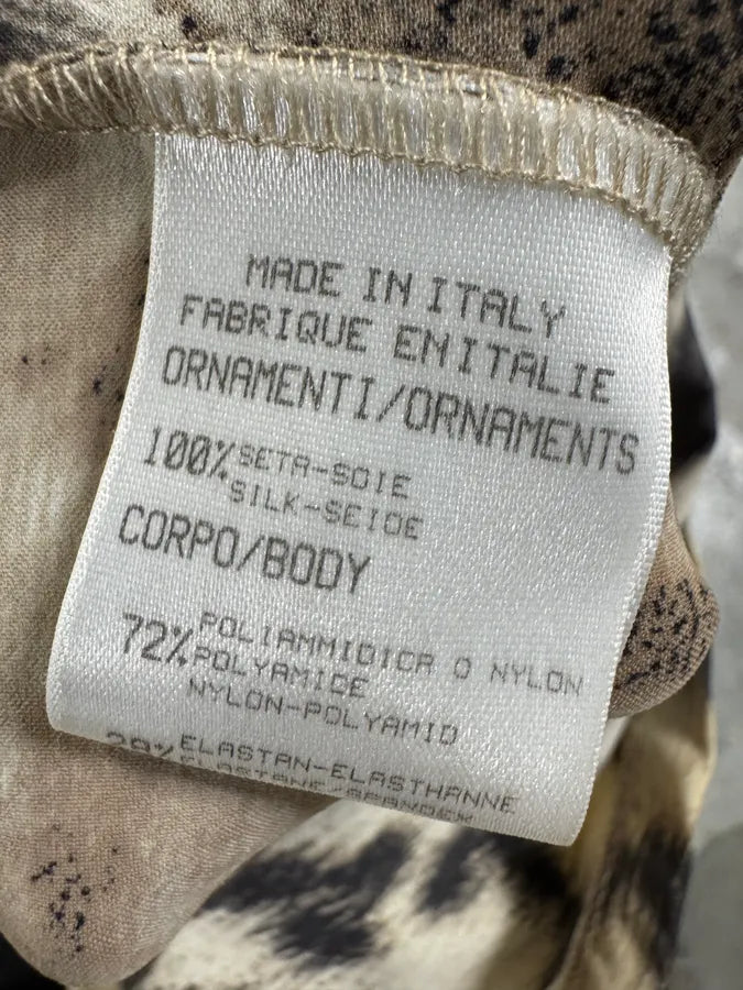 FW2001 Roberto Cavalli Cheetah Abstrat Tan Silk Dress exUJApN 14