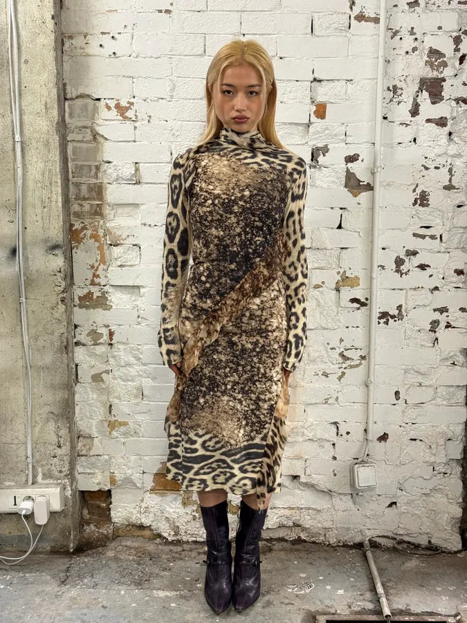 FW2001 Roberto Cavalli Cheetah Abstrat Tan Silk Dress exUJApN 3