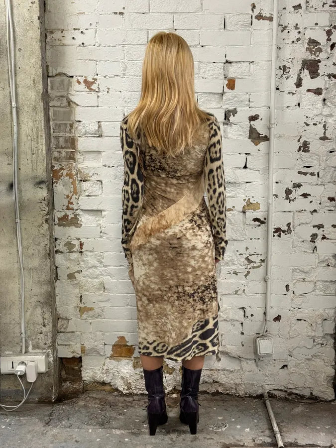 FW2001 Roberto Cavalli Cheetah Abstrat Tan Silk Dress exUJApN 5