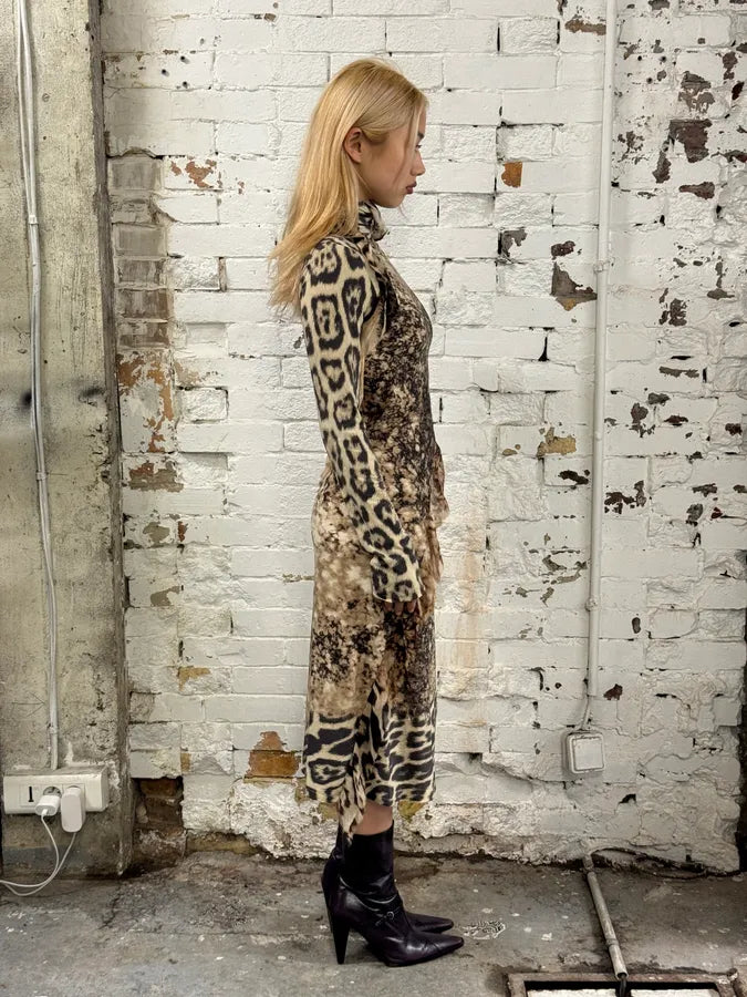 FW2001 Roberto Cavalli Cheetah Abstrat Tan Silk Dress exUJApN 7