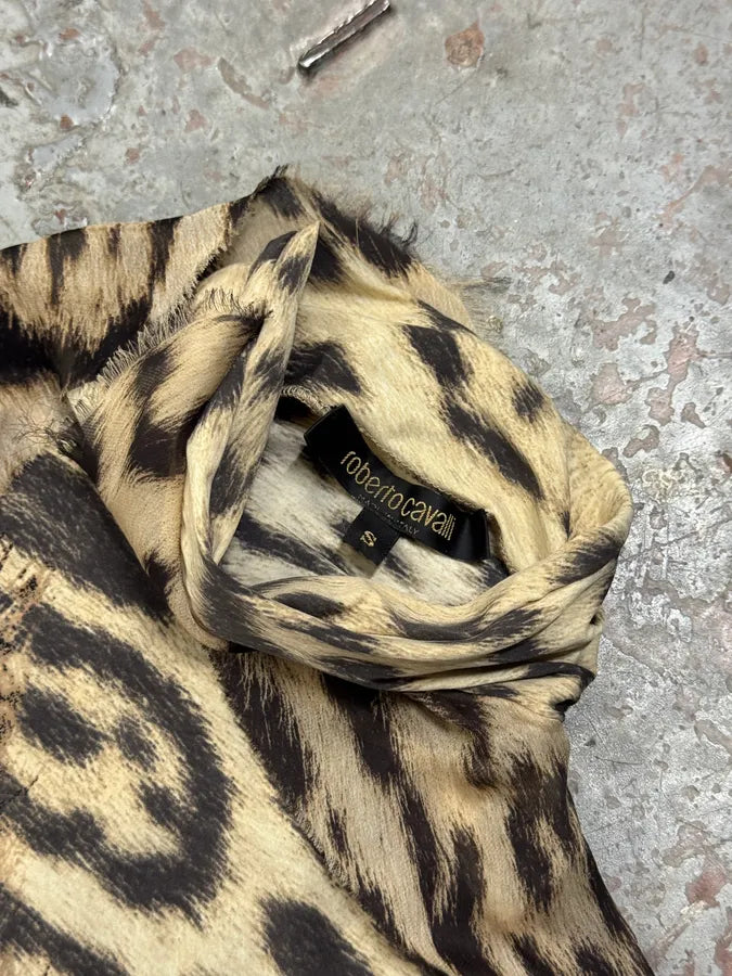 FW2001 Roberto Cavalli Cheetah Abstrat Tan Silk Dress exUJApN 8