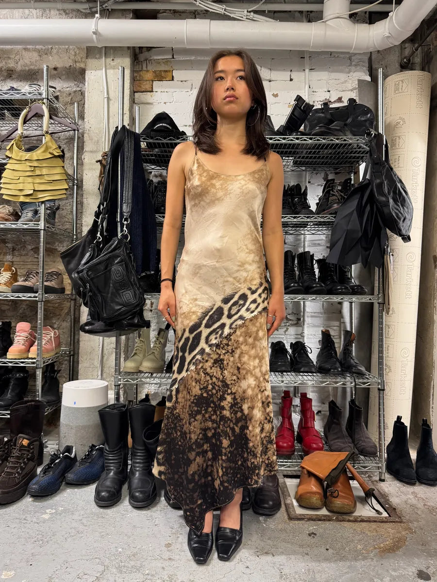 FW2001 Roberto Cavalli Cheetah Abstrat Tan Silk Midi Dress VSWSoRf 1