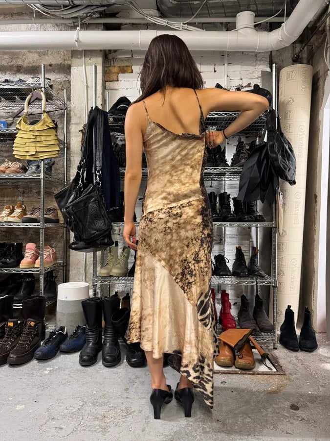 FW2001 Roberto Cavalli Cheetah Abstrat Tan Silk Midi Dress VSWSoRf 4