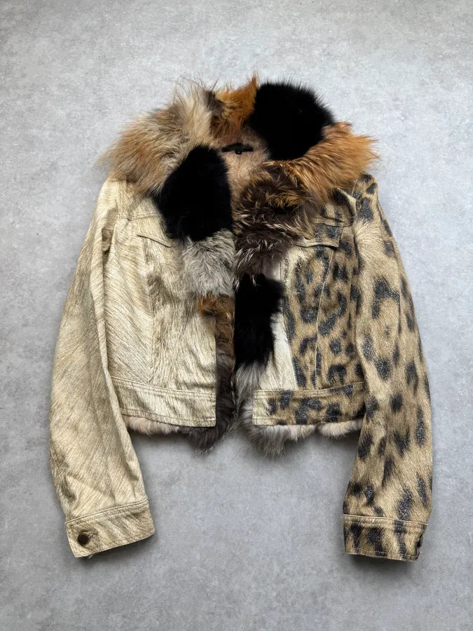 FW2001 Roberto Cavalli Fox Fur Leopard Denim Jacket NNaNURl 0