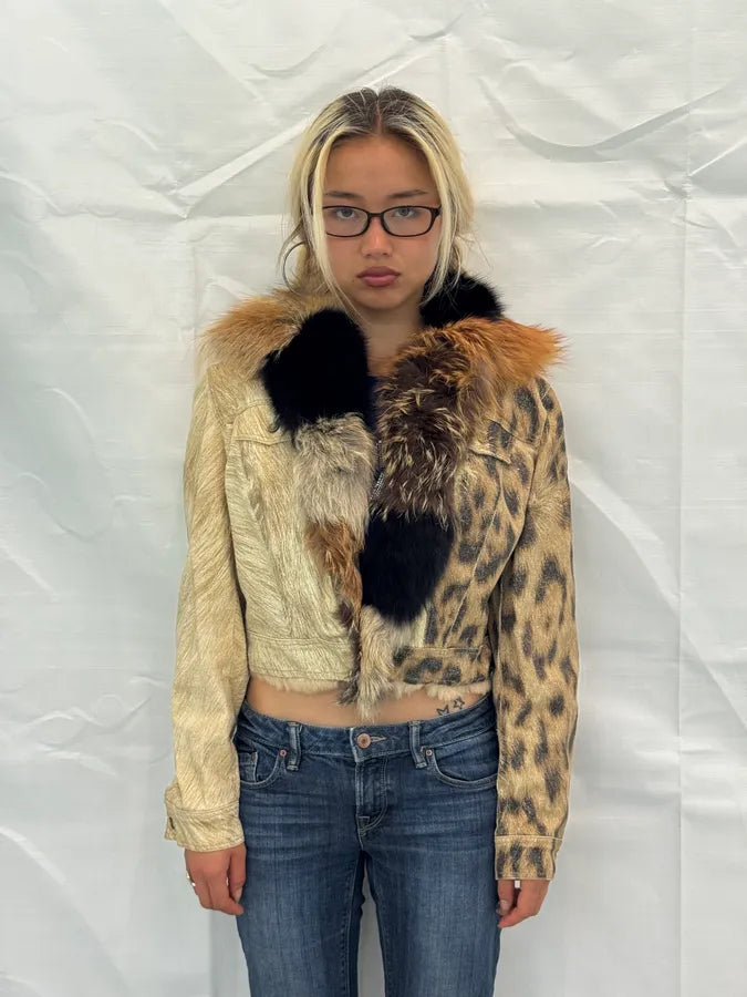 FW2001 Roberto Cavalli Fox Fur Leopard Denim Jacket NNaNURl 1