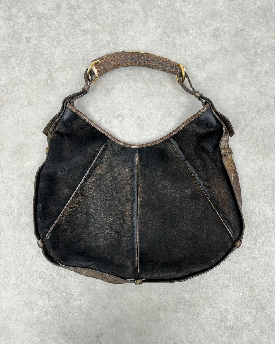FW2001 Yves Saint Laurent Black Golden Pony Hair Leather Mombasa Horn Bag ZgLgGrC 0
