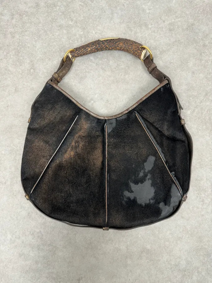 FW2001 Yves Saint Laurent Black Golden Pony Hair Leather Mombasa Horn Bag ZgLgGrC 2