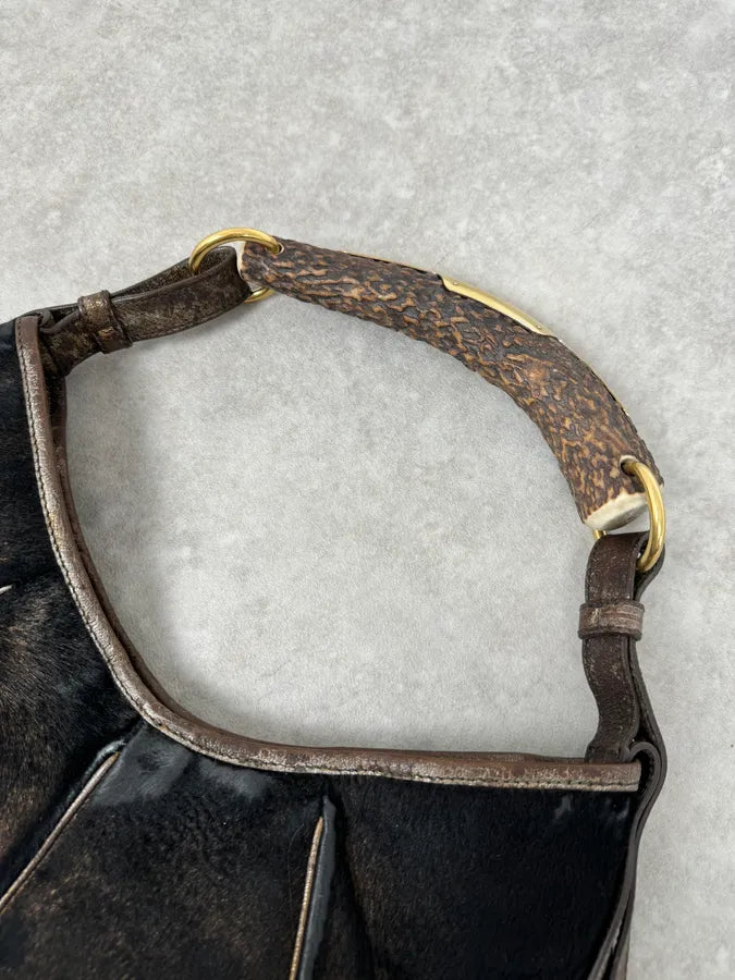 FW2001 Yves Saint Laurent Black Golden Pony Hair Leather Mombasa Horn Bag ZgLgGrC 5