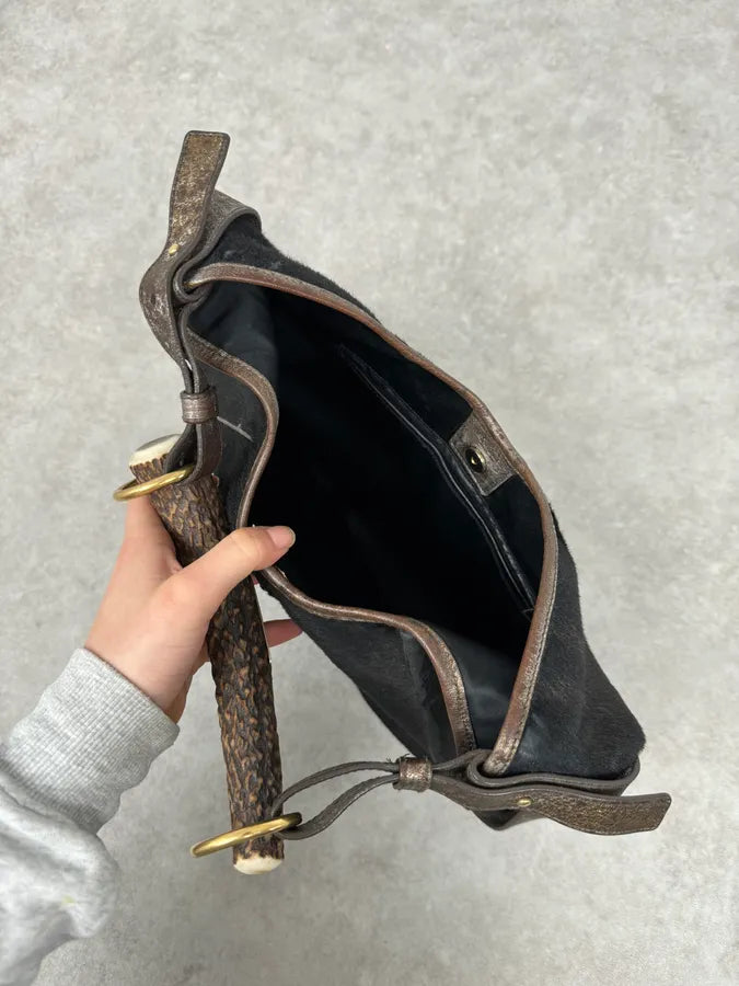 FW2001 Yves Saint Laurent Black Golden Pony Hair Leather Mombasa Horn Bag ZgLgGrC 7