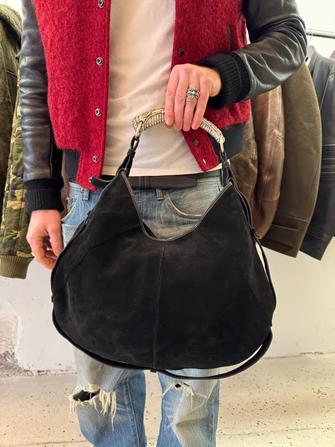 FW2001 Yves Saint Laurent Tom Ford Mombasa Metal Horn Black Suede Leather Handle Bag gjWXCsq 2