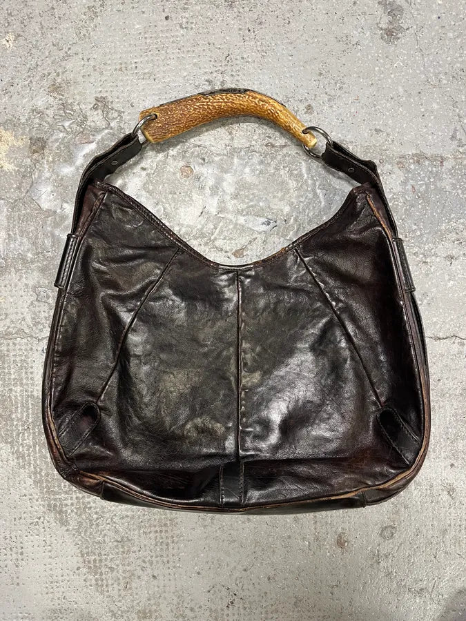 FW2001 Yves Saint Laurent Tom Ford Mombasa Organic Horn Handle Dark Brown Leather Bag cNlSIoh 0