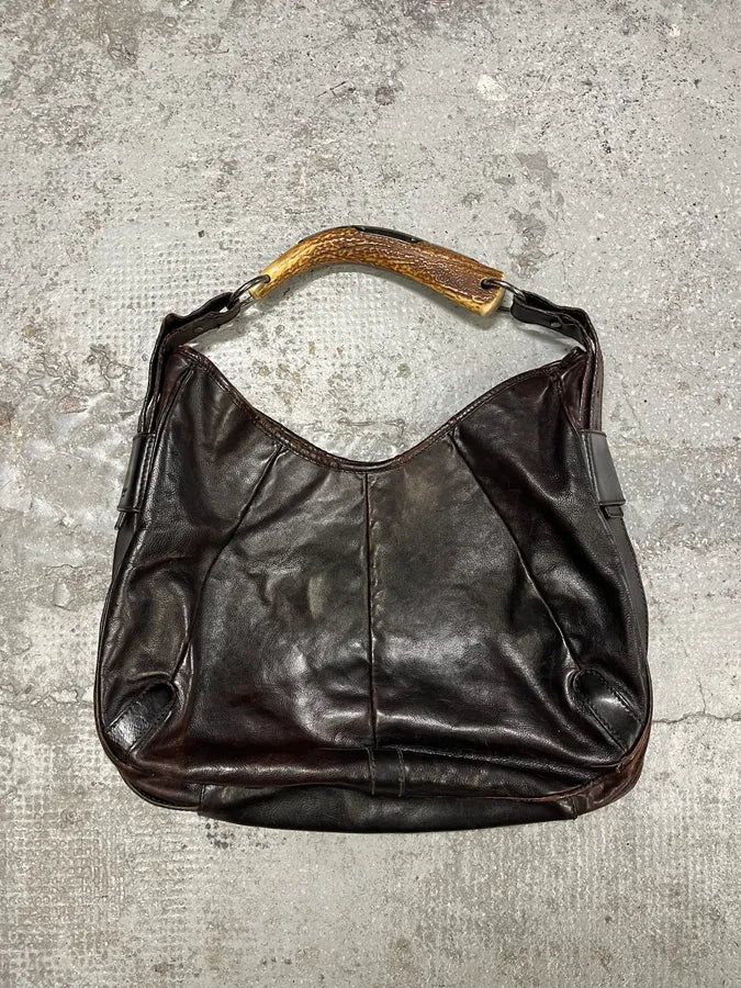 FW2001 Yves Saint Laurent Tom Ford Mombasa Organic Horn Handle Dark Brown Leather Bag cNlSIoh 1
