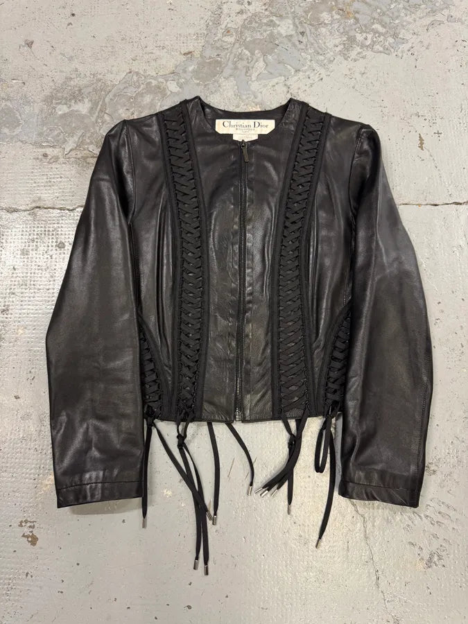 FW2002 Christian Dior Black Lamb Leather Corset Lace-Up Jacket by John Galliano RXEUUQO 0