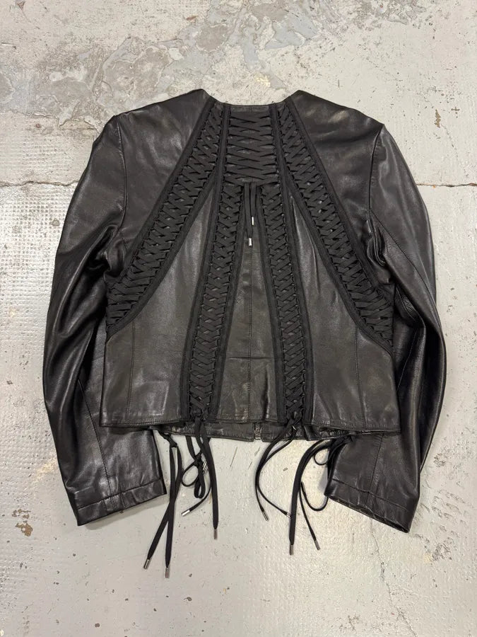 FW2002 Christian Dior Black Lamb Leather Corset Lace-Up Jacket by John Galliano RXEUUQO 3