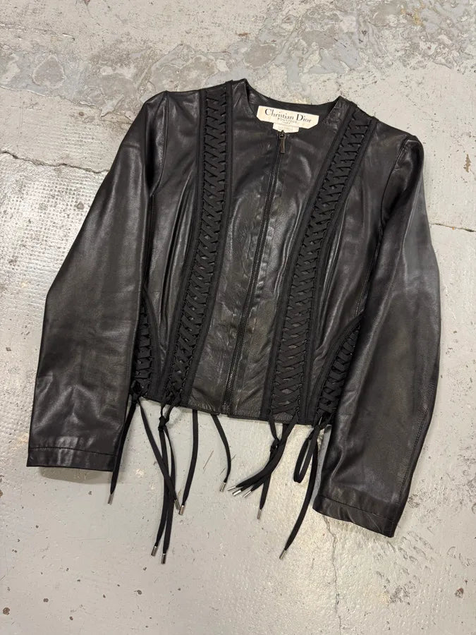 FW2002 Christian Dior Black Lamb Leather Corset Lace-Up Jacket by John Galliano RXEUUQO 5