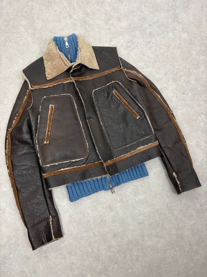 FW2002 Dsquared2 Brown Leather & Blue Wool Layered Sherling Jacket OVjJabh 4