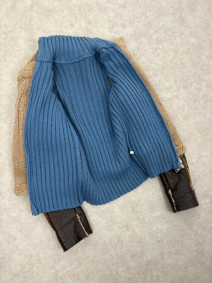 FW2002 Dsquared2 Brown Leather & Blue Wool Layered Sherling Jacket OVjJabh 7