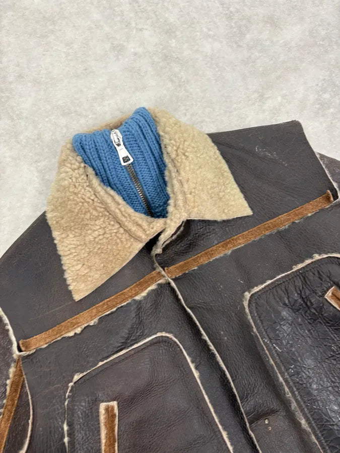 FW2002 Dsquared2 Brown Leather & Blue Wool Layered Sherling Jacket OVjJabh 5