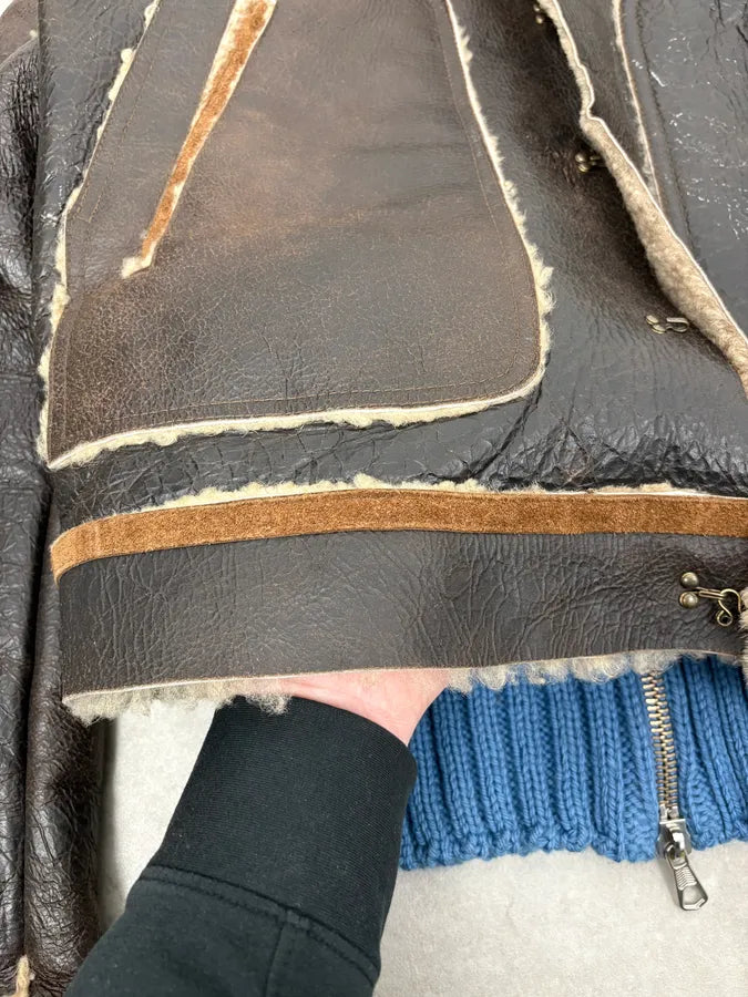 FW2002 Dsquared2 Brown Leather & Blue Wool Layered Sherling Jacket OVjJabh 10
