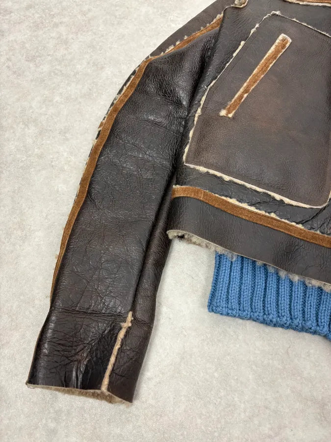 FW2002 Dsquared2 Brown Leather & Blue Wool Layered Sherling Jacket OVjJabh 9