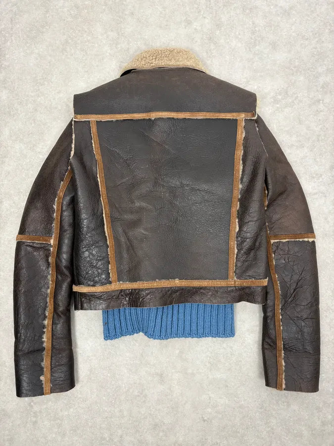 FW2002 Dsquared2 Brown Leather & Blue Wool Layered Sherling Jacket OVjJabh 6