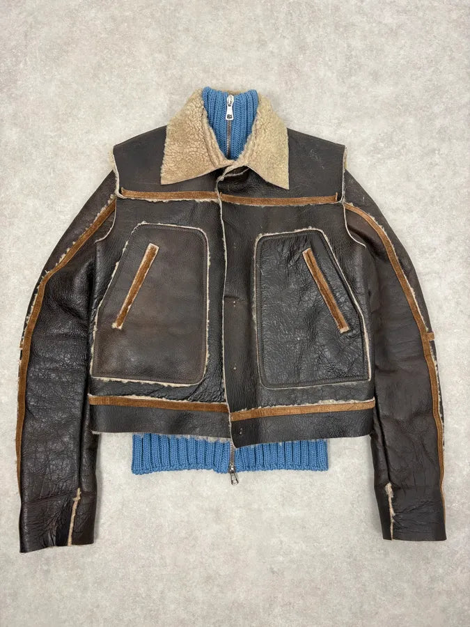 FW2002 Dsquared2 Brown Leather & Blue Wool Layered Sherling Jacket OVjJabh 0