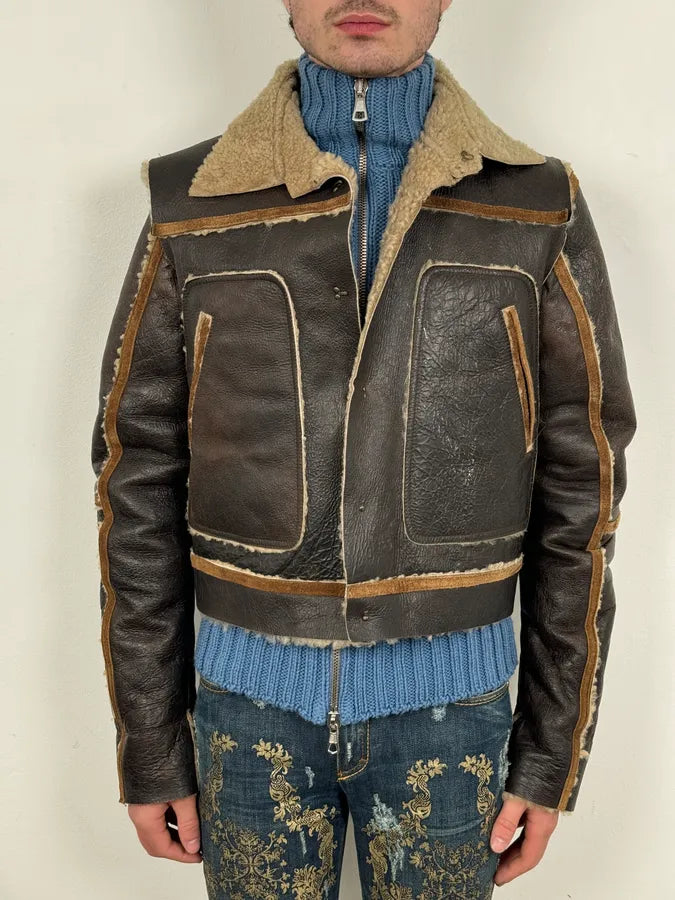 FW2002 Dsquared2 Brown Leather & Blue Wool Layered Sherling Jacket OVjJabh 1