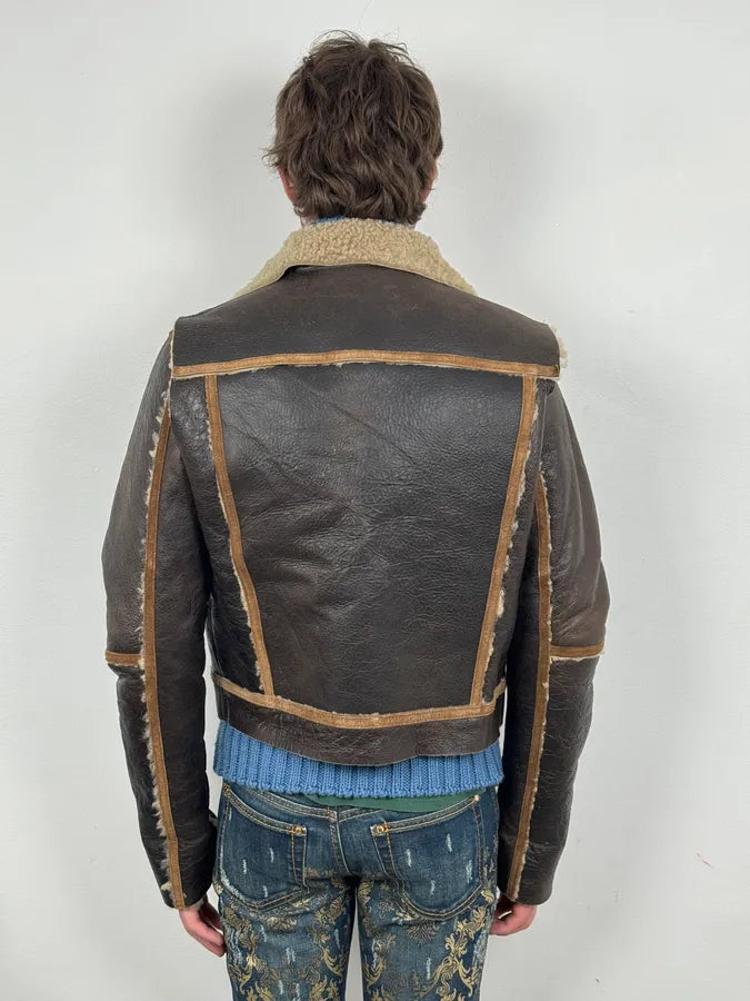 FW2002 Dsquared2 Brown Leather & Blue Wool Layered Sherling Jacket OVjJabh 2