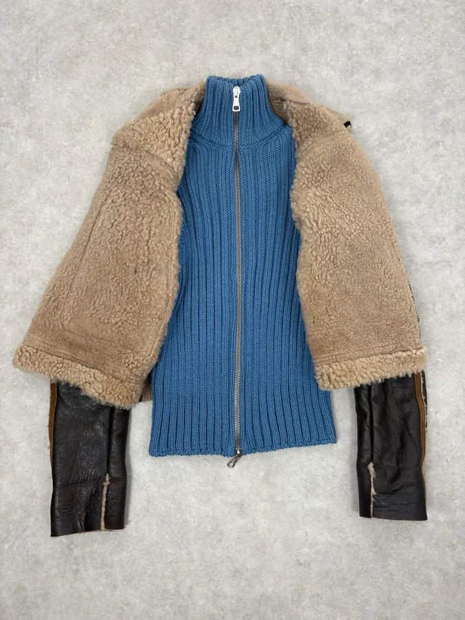 FW2002 Dsquared2 Brown Leather & Blue Wool Layered Sherling Jacket OVjJabh 8