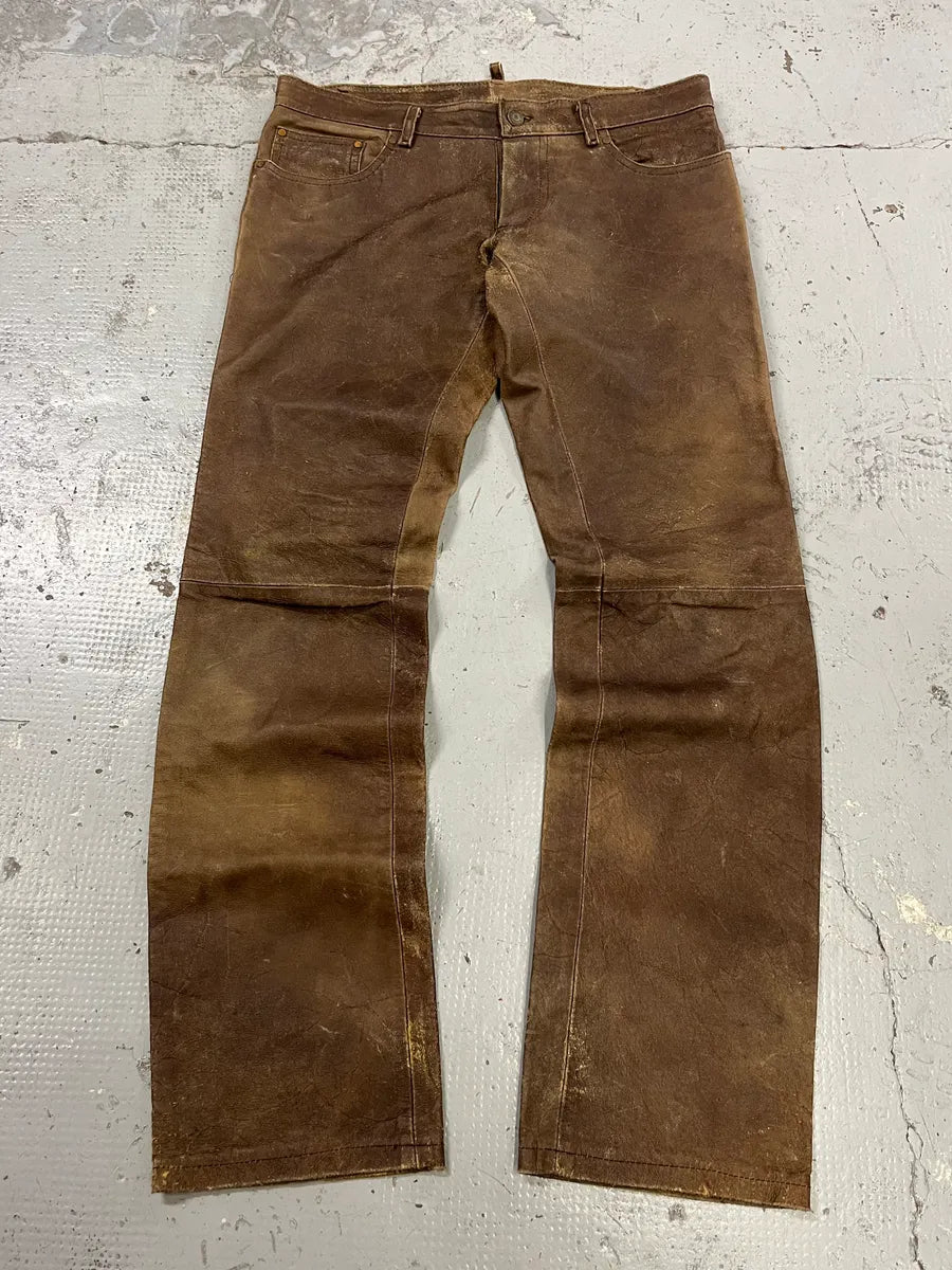 FW2002 Dsquared2 Brown Leather Eroded Pants WlbzIUl 0