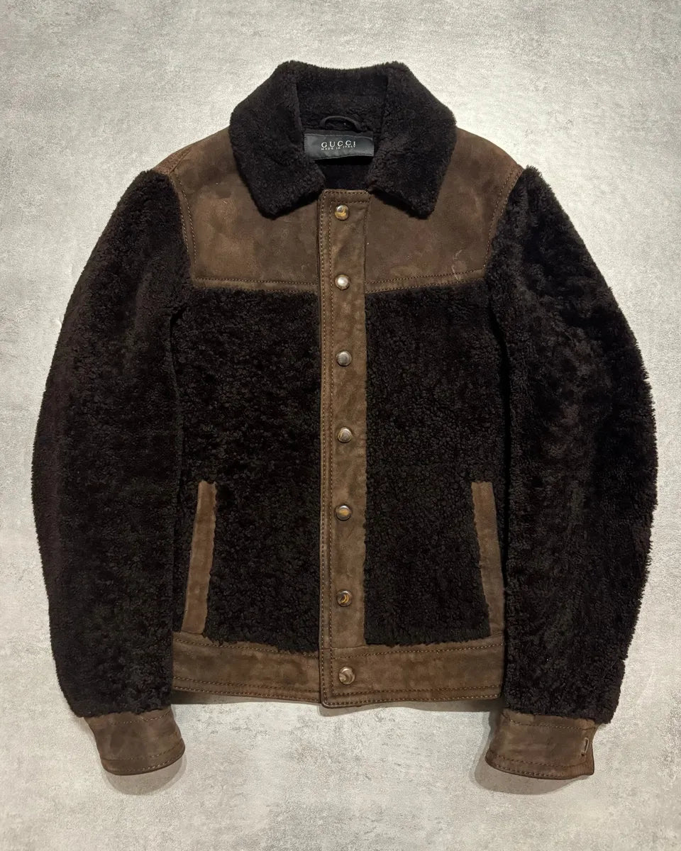 FW2002 Gucci Brown Shearling Lamb Fur Italian Leather Jacket (M) 0
