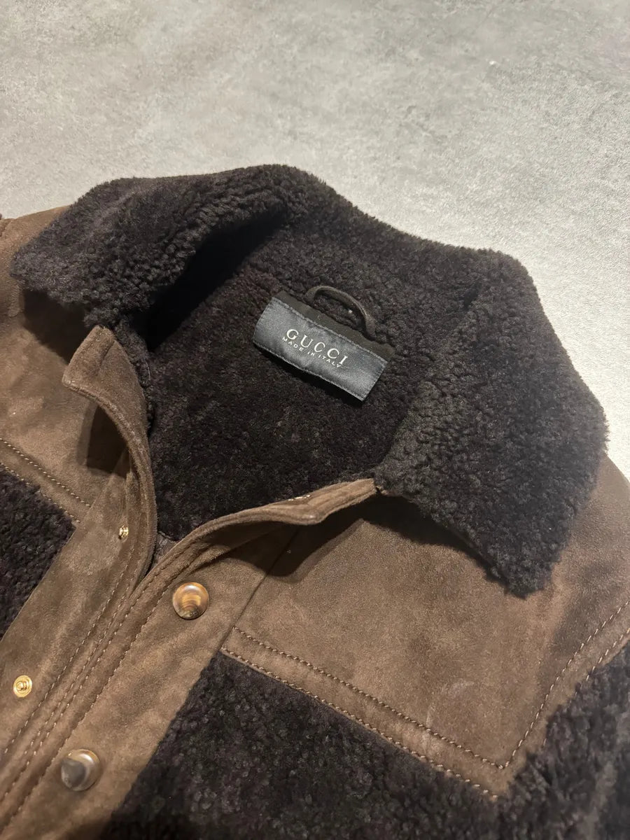 FW2002 Gucci Brown Shearling Lamb Fur Italian Leather Jacket (M) 10