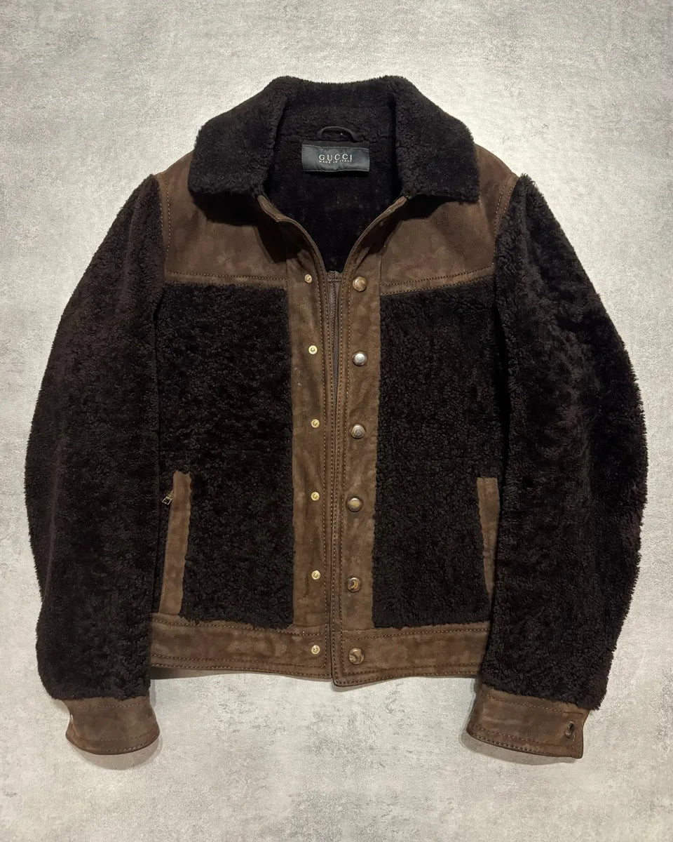 FW2002 Gucci Brown Shearling Lamb Fur Italian Leather Jacket (M) 9