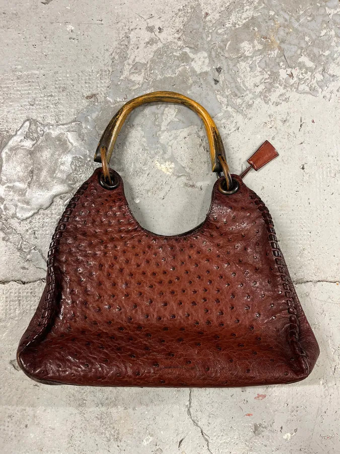 FW2002 Gucci by Tom Ford Ostrich Leather Wood Top Handle Brown Bag xcaeoSG 0