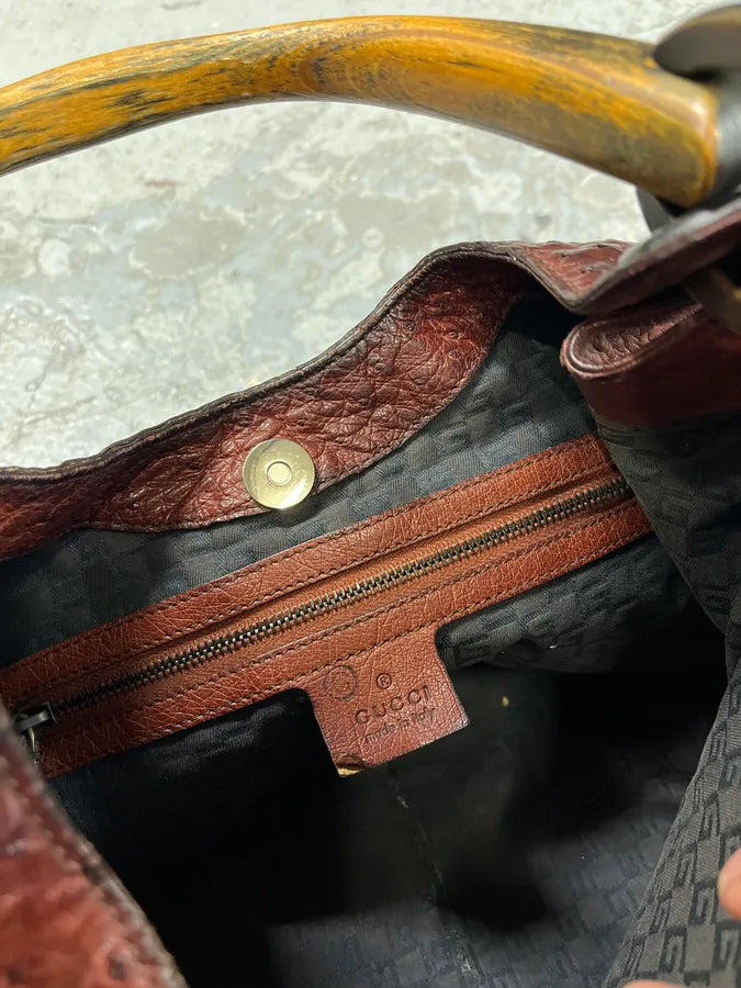 FW2002 Gucci by Tom Ford Ostrich Leather Wood Top Handle Brown Bag xcaeoSG 10