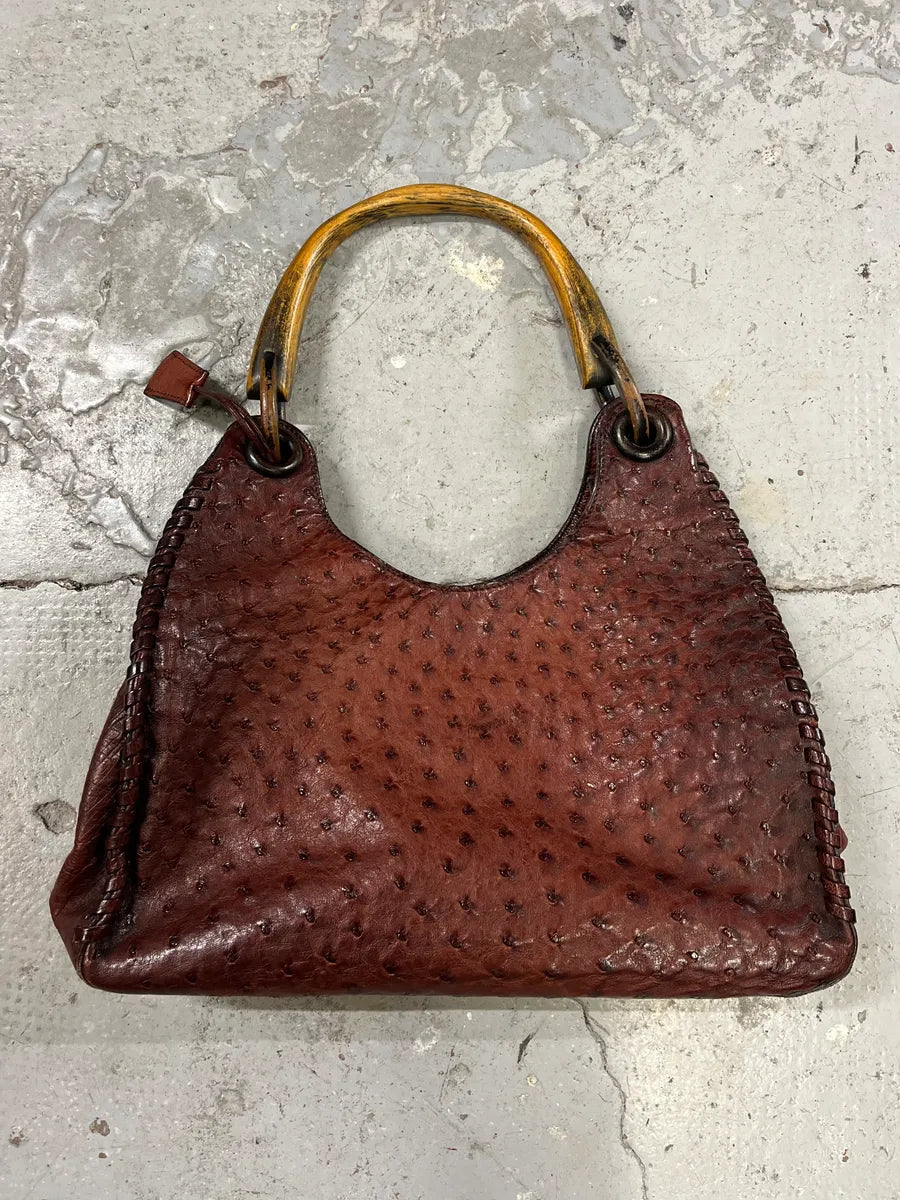 FW2002 Gucci by Tom Ford Ostrich Leather Wood Top Handle Brown Bag xcaeoSG 2