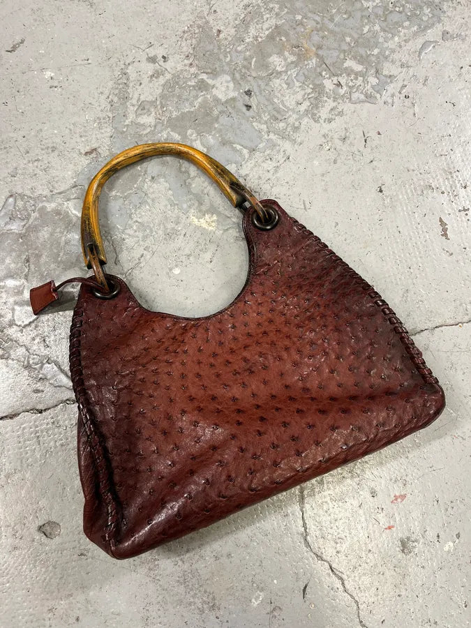 FW2002 Gucci by Tom Ford Ostrich Leather Wood Top Handle Brown Bag xcaeoSG 3
