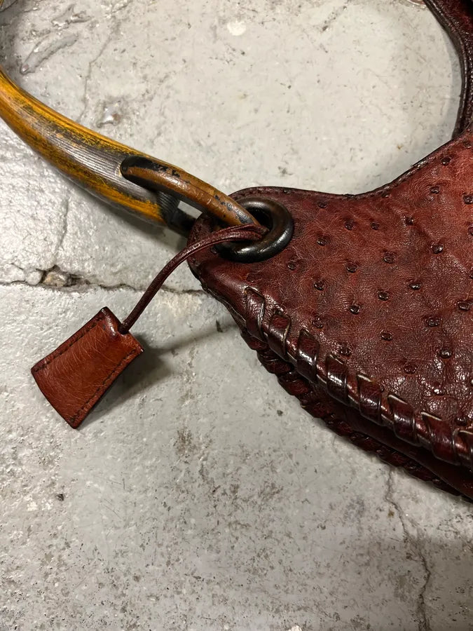 FW2002 Gucci by Tom Ford Ostrich Leather Wood Top Handle Brown Bag xcaeoSG 4