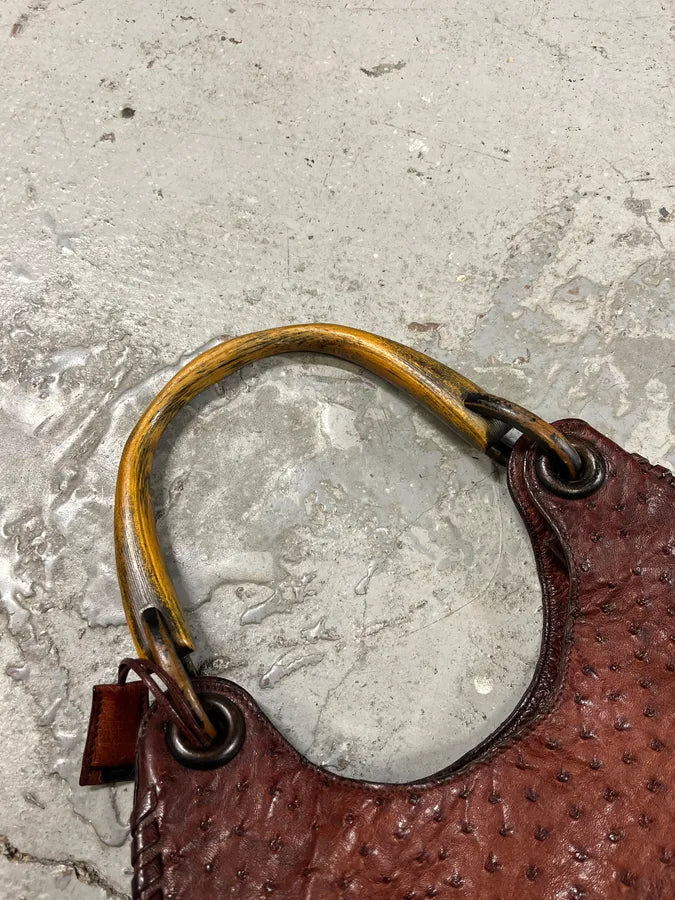 FW2002 Gucci by Tom Ford Ostrich Leather Wood Top Handle Brown Bag xcaeoSG 6