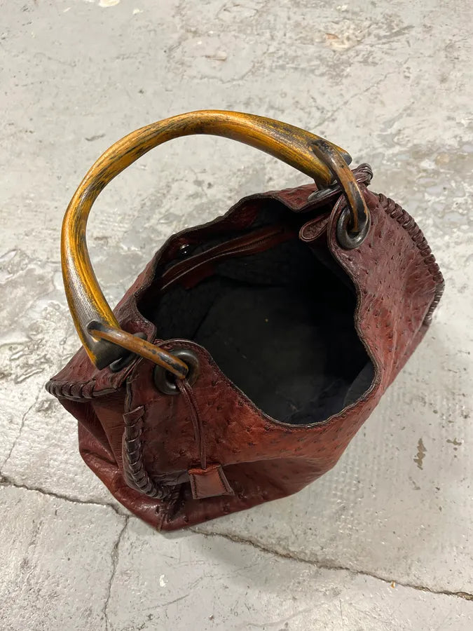 FW2002 Gucci by Tom Ford Ostrich Leather Wood Top Handle Brown Bag xcaeoSG 7
