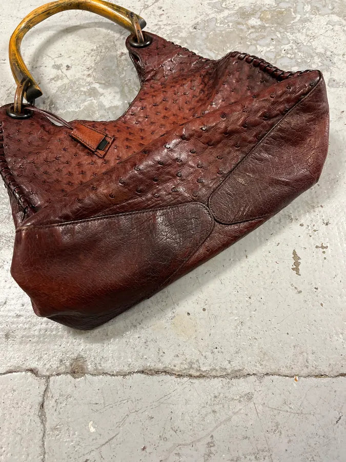 FW2002 Gucci by Tom Ford Ostrich Leather Wood Top Handle Brown Bag xcaeoSG 8