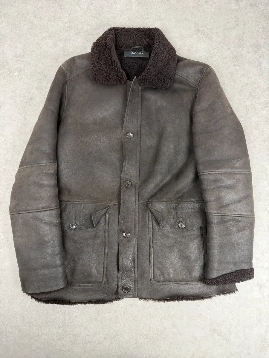 FW2002 Gucci Shearling Lamb Fur Brown Premium Leather Jacket aUhvOZD 0