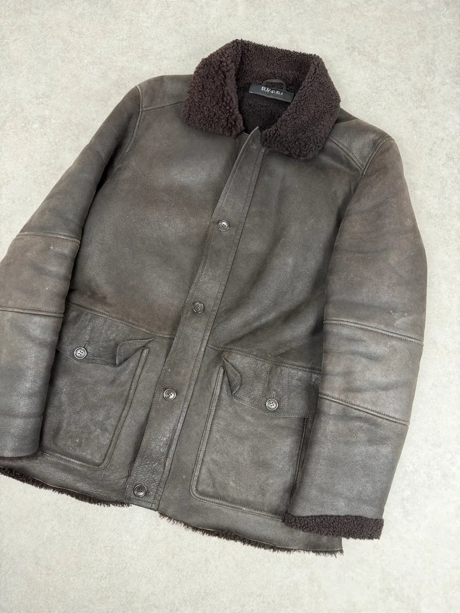 FW2002 Gucci Shearling Lamb Fur Brown Premium Leather Jacket aUhvOZD 1